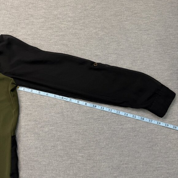 Vanity Womens Green Black Colorblock Semi Sheer Blouse Roll-tab Sleeve Sz Small - Picture 13 of 16
